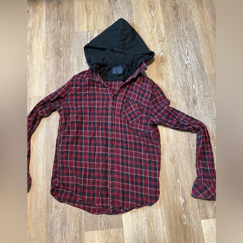 Nomad Cozy red Plaid Button Down flannel Thermal Lined Hood Hoodie Shirt M